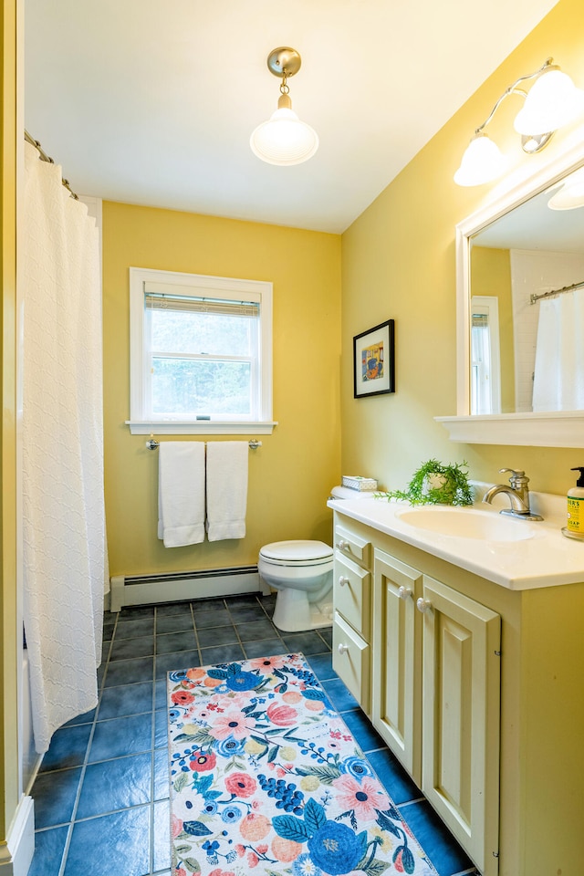 bathroom featuring a baseboard heating unit, walk in shower, tile patterned floors, vanity, and toilet