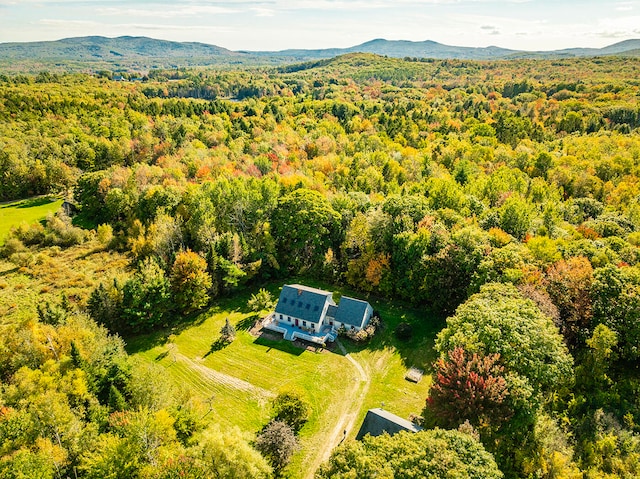 birds eye view of property featuring a mountain view and a view of trees