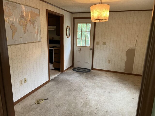 interior space with crown molding, a textured ceiling, and light colored carpet