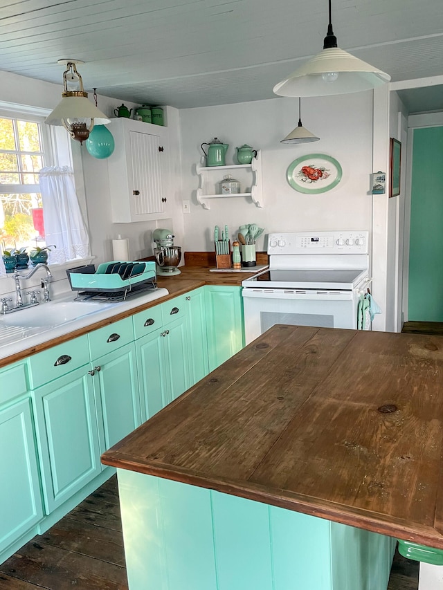 kitchen featuring pendant lighting, dark wood-type flooring, sink, electric stove, and wooden counters