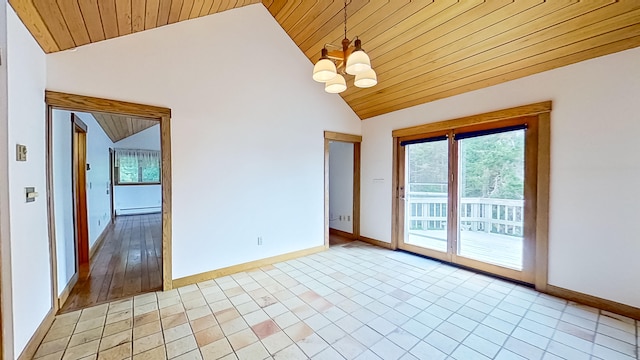 unfurnished room with a notable chandelier, light hardwood / wood-style flooring, a baseboard radiator, wooden ceiling, and vaulted ceiling