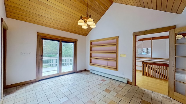 entryway featuring wooden ceiling, lofted ceiling, a notable chandelier, light hardwood / wood-style floors, and a baseboard heating unit