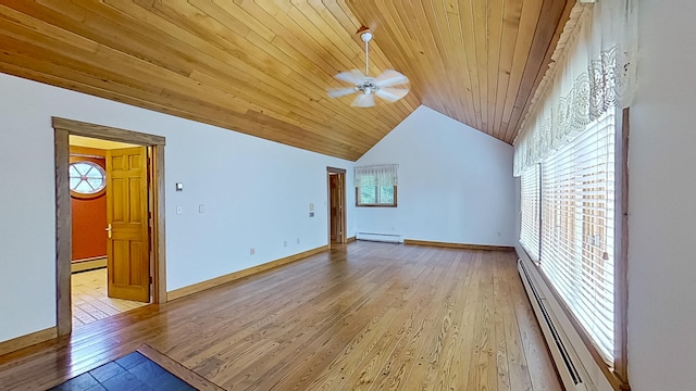 bonus room with light hardwood / wood-style flooring, wood ceiling, baseboard heating, lofted ceiling, and ceiling fan