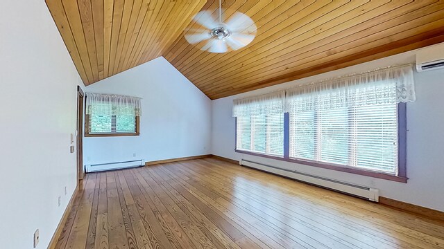 additional living space featuring lofted ceiling, a baseboard heating unit, ceiling fan, and light hardwood / wood-style flooring