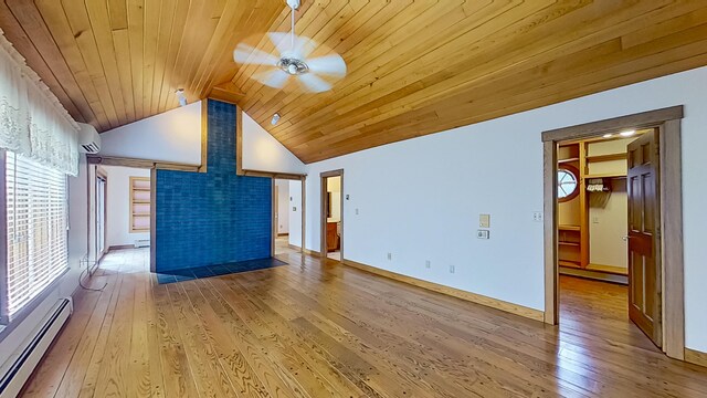 unfurnished living room with lofted ceiling, wood ceiling, a baseboard heating unit, ceiling fan, and light wood-type flooring