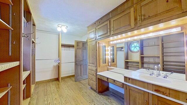 interior space with vanity and wood-type flooring