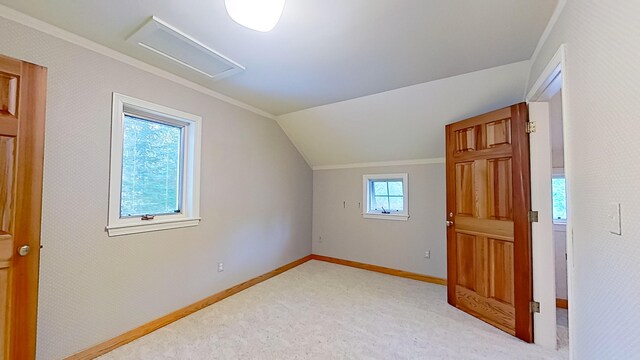 bonus room with light colored carpet and vaulted ceiling