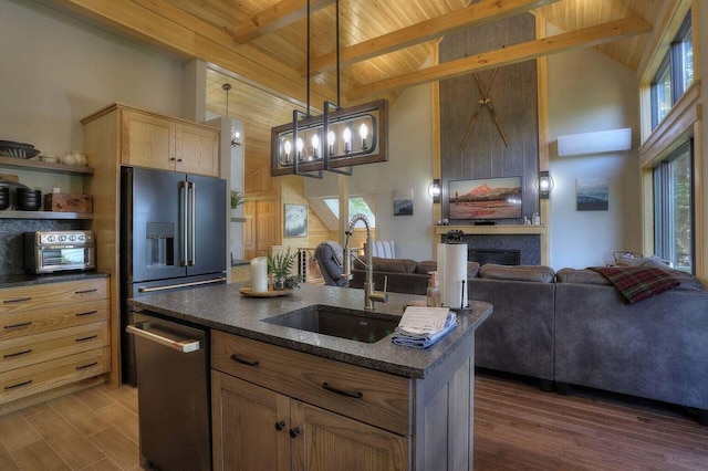 kitchen with wooden ceiling, dark hardwood / wood-style flooring, sink, high vaulted ceiling, and beam ceiling