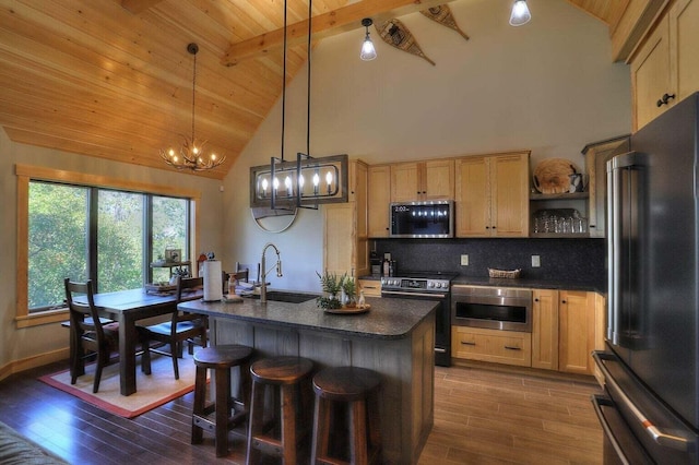 kitchen with dark hardwood / wood-style flooring, stainless steel appliances, a center island with sink, and sink