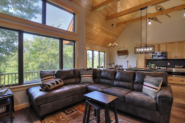 living room with wood ceiling, a notable chandelier, dark hardwood / wood-style floors, high vaulted ceiling, and beam ceiling