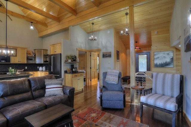 living room featuring an inviting chandelier, beamed ceiling, dark wood-type flooring, wood walls, and high vaulted ceiling