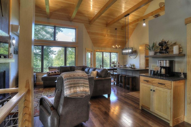 living room with wood ceiling, a chandelier, dark wood-type flooring, high vaulted ceiling, and beam ceiling