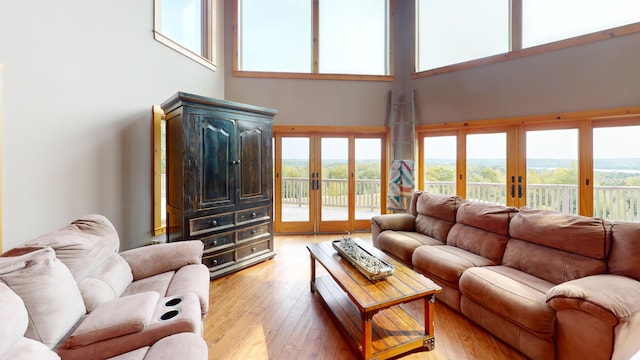 living room featuring light hardwood / wood-style flooring and french doors