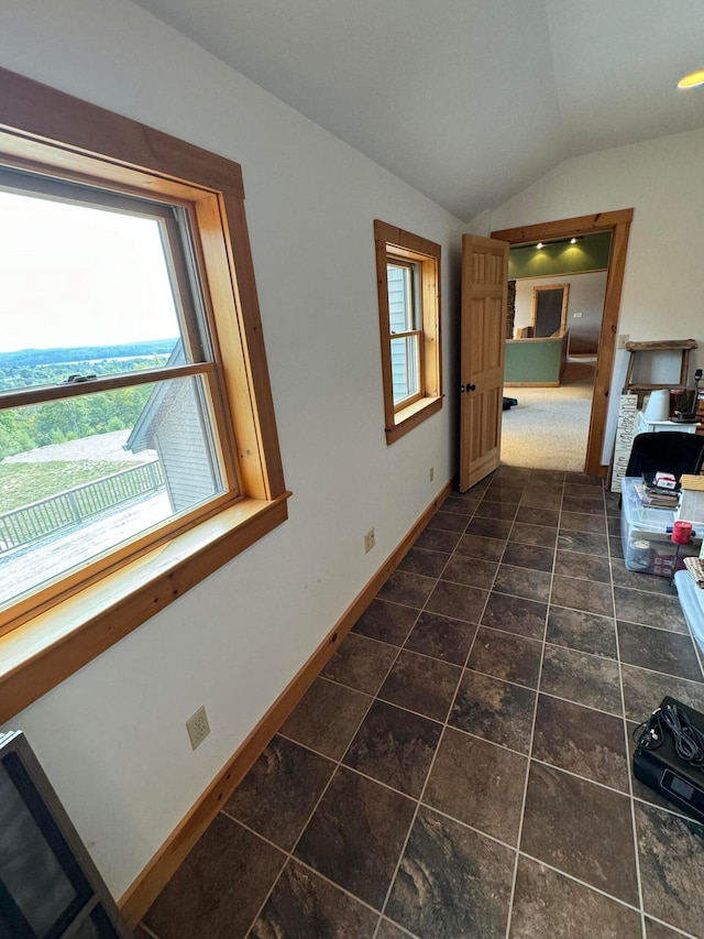 hallway with vaulted ceiling and a wealth of natural light