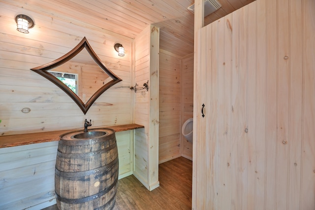 details with wooden ceiling, hardwood / wood-style floors, and wooden walls