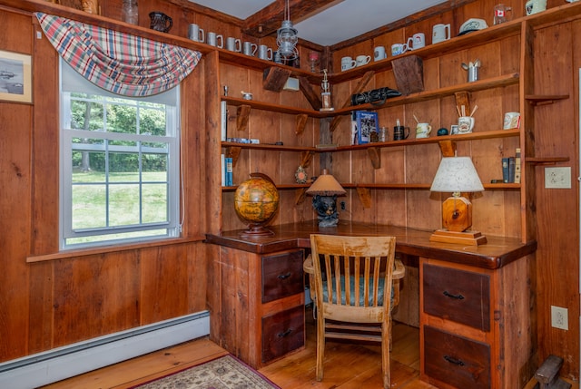 office space with wood-type flooring, wooden walls, baseboard heating, and built in desk