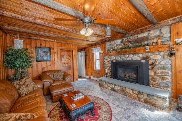 living area featuring wooden ceiling, wooden walls, a baseboard radiator, and beam ceiling