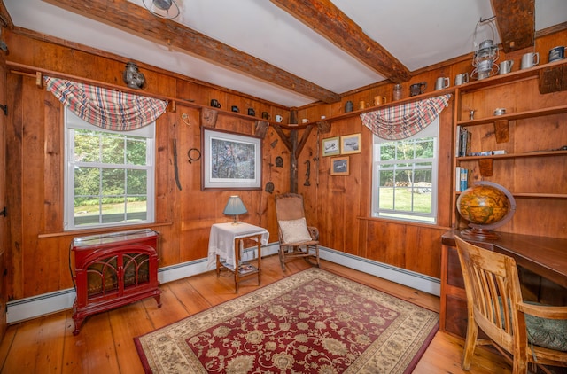 sitting room featuring beamed ceiling, baseboard heating, wooden walls, and hardwood / wood-style flooring