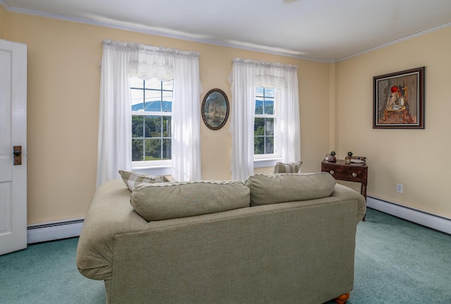 carpeted living room featuring a healthy amount of sunlight, ornamental molding, and a baseboard radiator