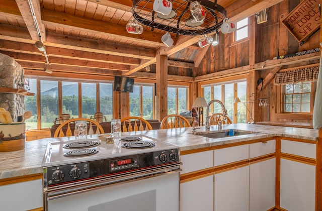 kitchen with wood ceiling, sink, white cabinetry, stainless steel range with electric cooktop, and a healthy amount of sunlight