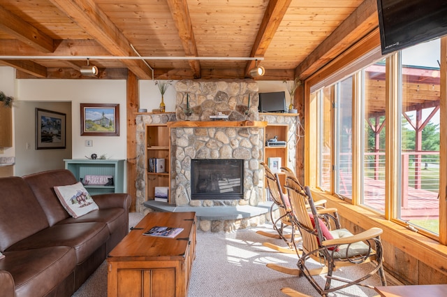 living room featuring a fireplace, carpet floors, wood ceiling, and beamed ceiling