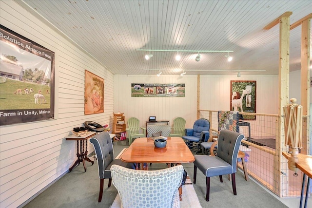 dining room with track lighting and wooden walls