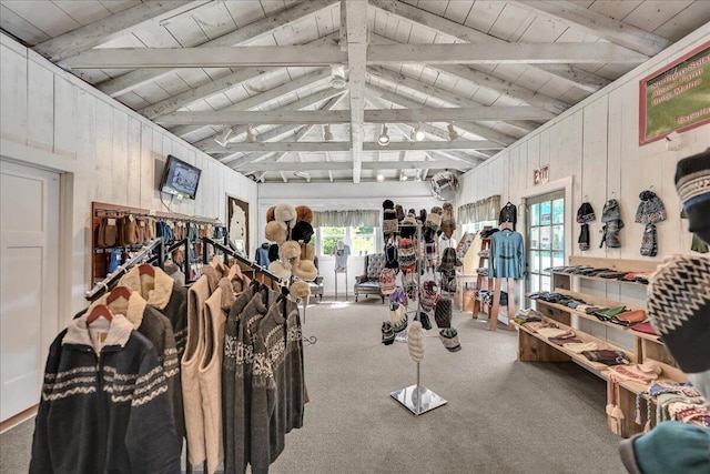 misc room featuring a wealth of natural light, wood ceiling, carpet floors, and lofted ceiling with beams