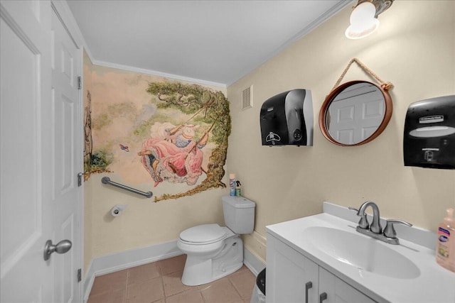 bathroom with ornamental molding, vanity, toilet, and tile patterned flooring