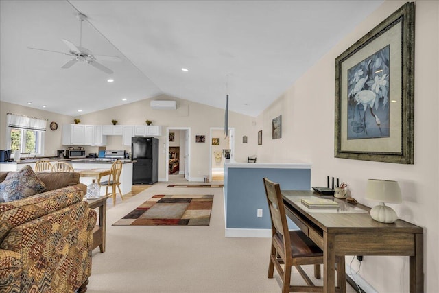 dining space featuring light carpet, lofted ceiling, a wall unit AC, and ceiling fan