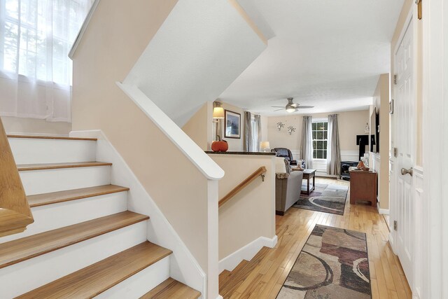 stairs featuring ceiling fan and hardwood / wood-style floors