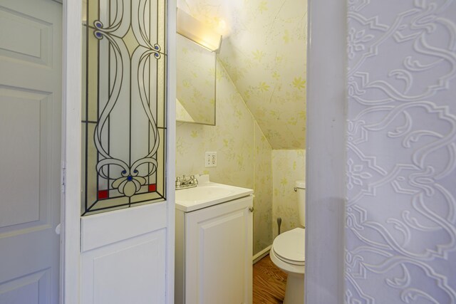 bathroom with vanity, toilet, and hardwood / wood-style floors