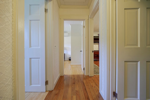 corridor featuring ornamental molding and light hardwood / wood-style flooring