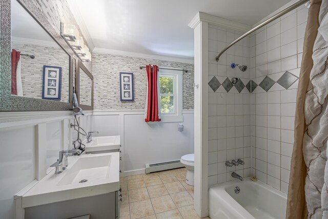 full bathroom featuring toilet, ornamental molding, vanity, shower / bath combo with shower curtain, and a baseboard heating unit