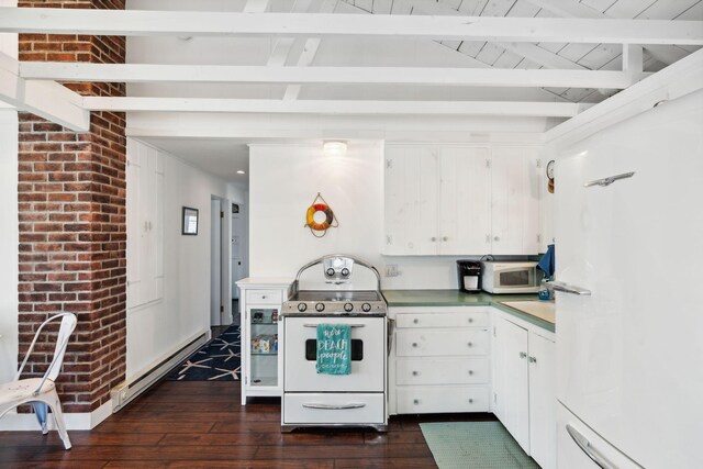 kitchen with a baseboard heating unit, white appliances, dark hardwood / wood-style floors, and white cabinetry