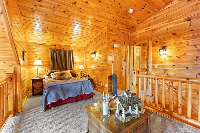 carpeted bedroom featuring wood ceiling, vaulted ceiling, and wood walls