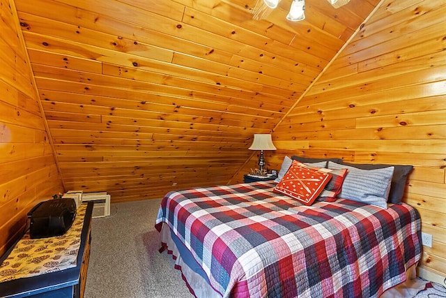 carpeted bedroom featuring lofted ceiling, wood ceiling, and wood walls