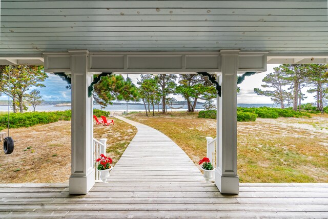 wooden deck with a water view