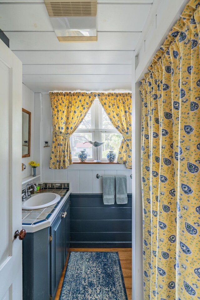 bathroom featuring vanity and hardwood / wood-style floors