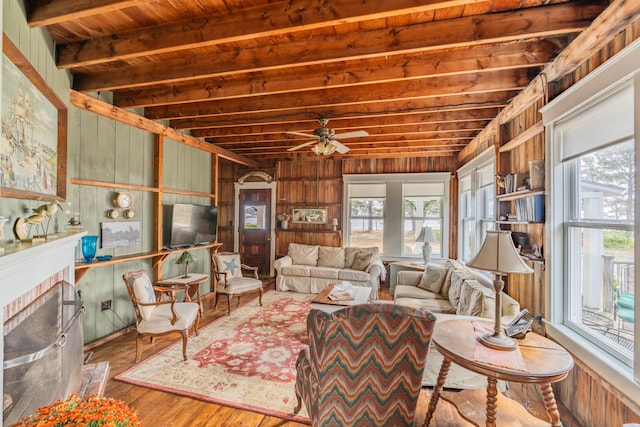 living room with wood ceiling, lofted ceiling with beams, wood-type flooring, ceiling fan, and wooden walls