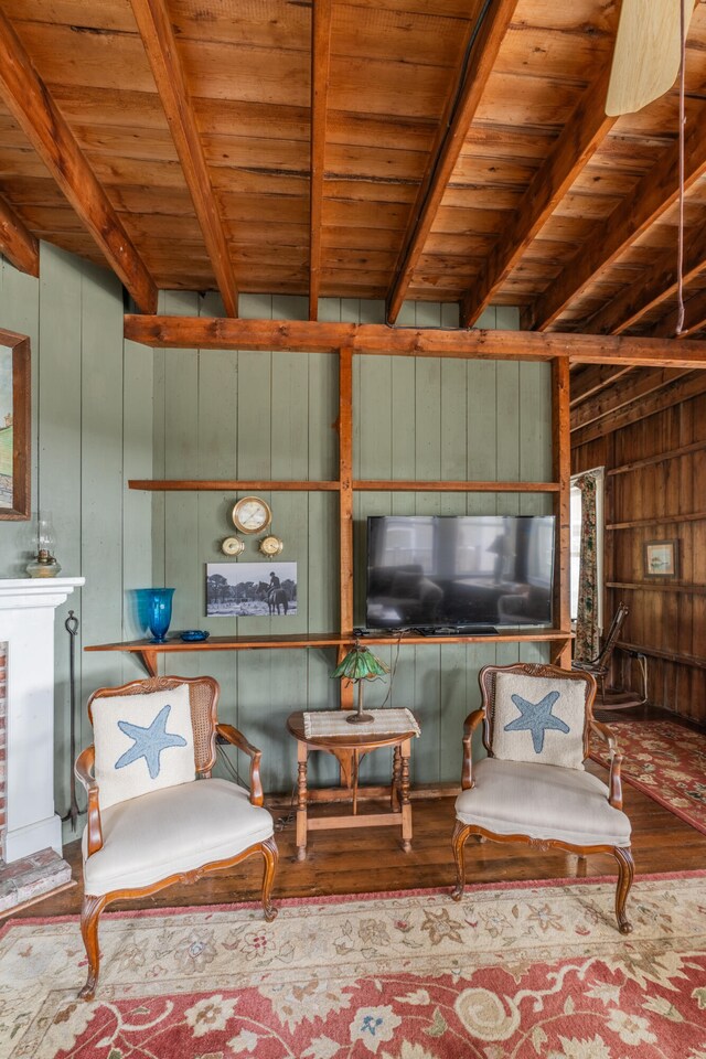 sitting room with wood-type flooring, beamed ceiling, wood ceiling, and wood walls