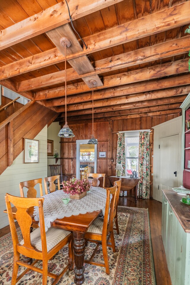 dining area with wood walls, lofted ceiling with beams, and dark hardwood / wood-style flooring