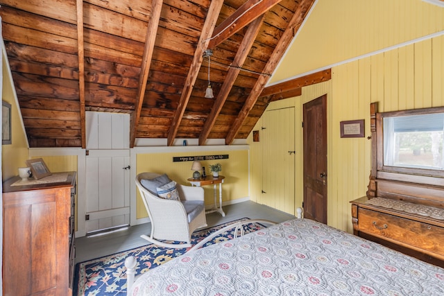 unfurnished bedroom featuring vaulted ceiling with beams, wood ceiling, and wood walls