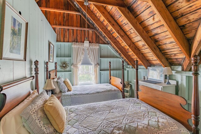 unfurnished bedroom with multiple windows, vaulted ceiling with beams, wood ceiling, and wood walls