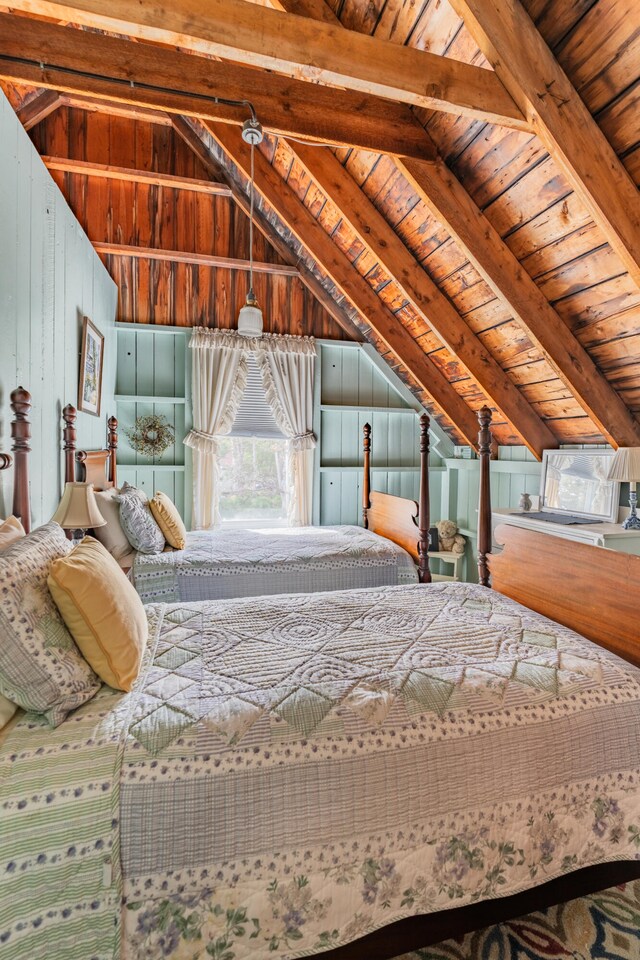 unfurnished bedroom featuring wooden ceiling, wood walls, and lofted ceiling with beams