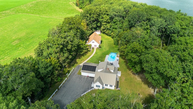 aerial view featuring a rural view and a water view