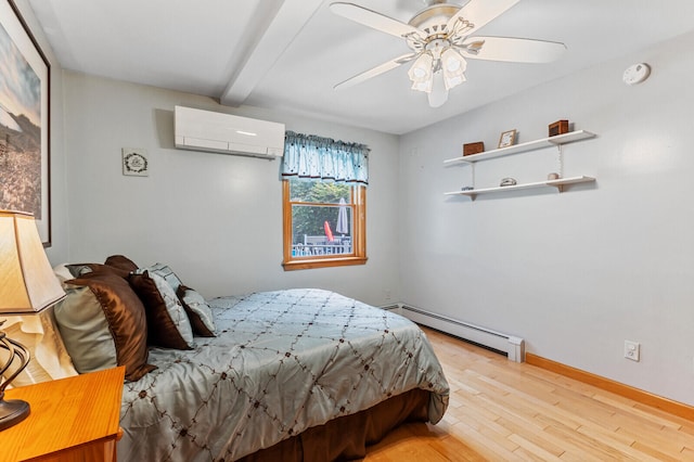 bedroom featuring a wall mounted AC, light hardwood / wood-style flooring, beam ceiling, a baseboard heating unit, and ceiling fan