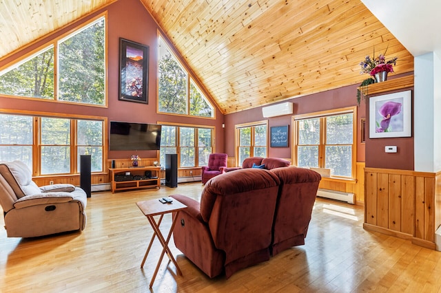 living room featuring a baseboard radiator, a wall unit AC, light hardwood / wood-style floors, and wooden ceiling