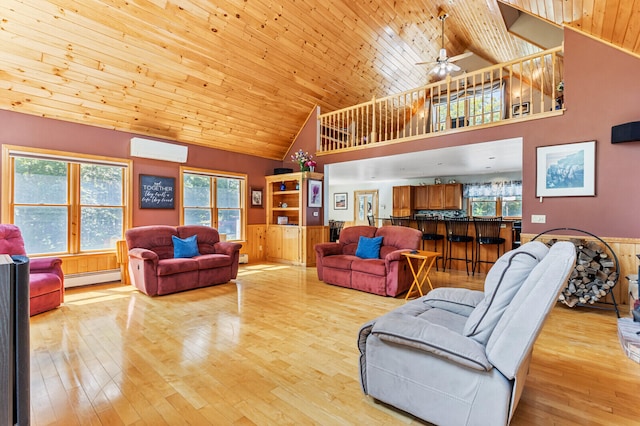 living room featuring a baseboard heating unit, high vaulted ceiling, a wall unit AC, and ceiling fan