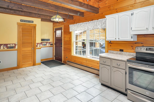 kitchen featuring white cabinetry, wooden walls, and electric stove