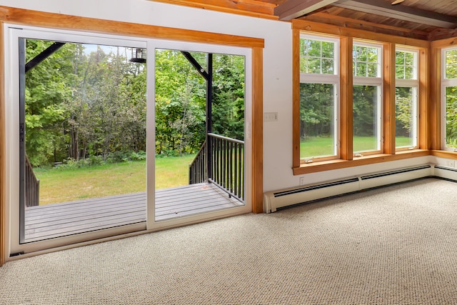 doorway featuring beam ceiling, a baseboard radiator, and carpet